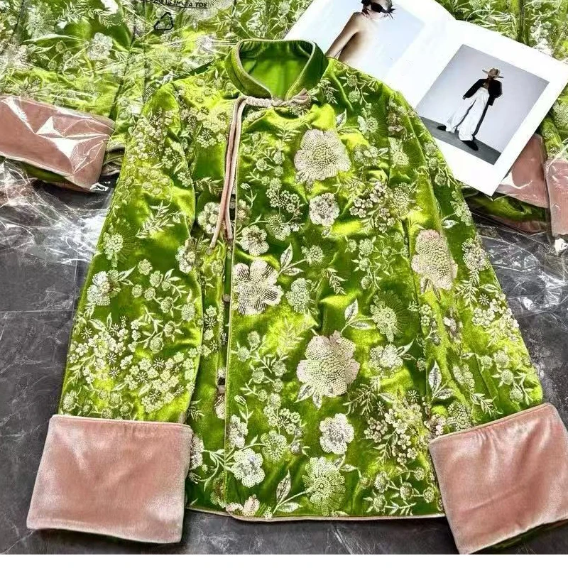 

Spring and Autumn Quality New Collection Stand collar Handmade Button + Contrast Color Elegat Women's Coat S-XL