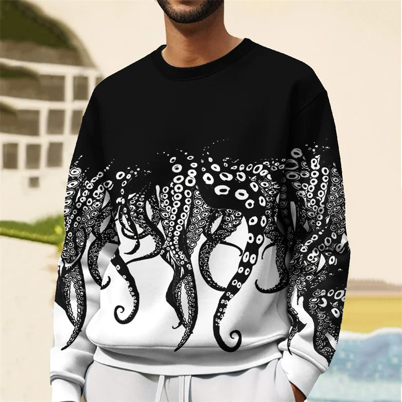 Tentacle Pattern Hoodie For Men Sea Animal 3D Printed Pullover Autumn Street Long Sleeve Loose Sweatshirt Round Neck Hoodies Top