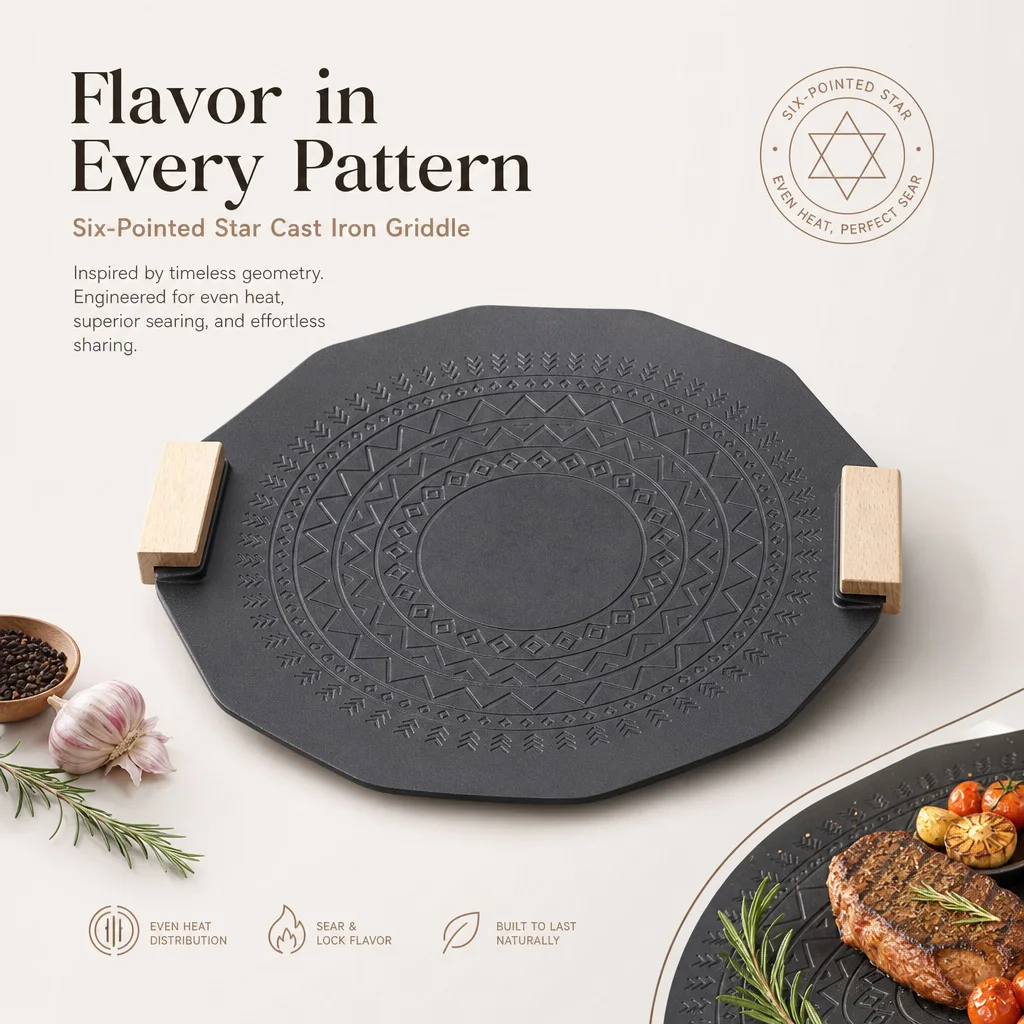 Outdoor Grill Pan, Anti-Scald Wooden Handle, Even Heating BBQ Griddle with Hanging Design for Camping