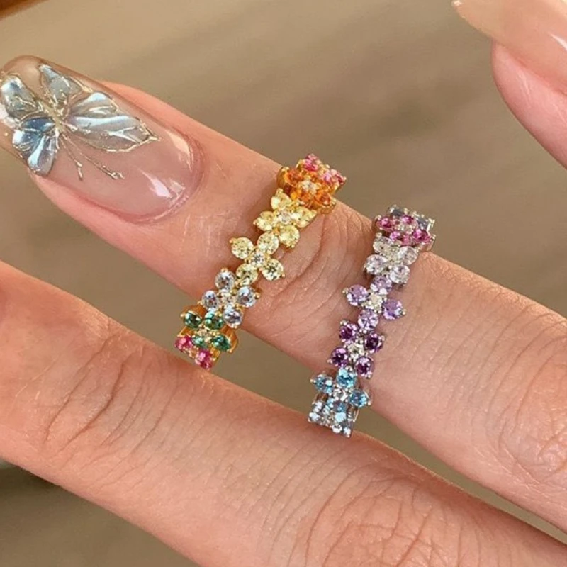 Mode Weibliche Ringe 925 Sterling Silber Dopamin Farbige Zirkon Blume Einstellbare Ringe für Frauen Versprechen Liebe Hochzeit Schmuck