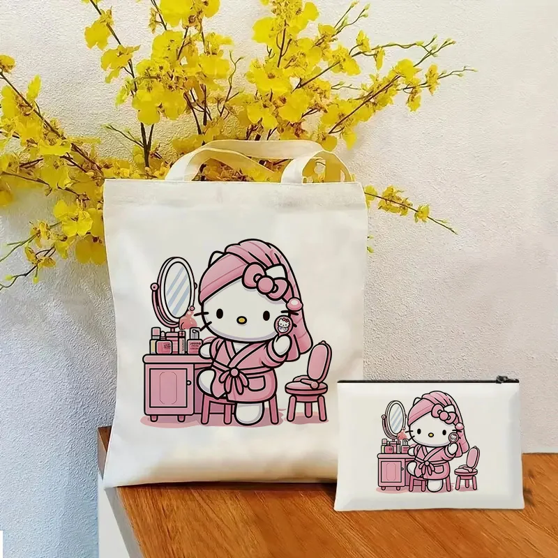 

Hawaiian Style Kitty Print Canvas Bag Casual Large Hand Bags for Women Ladies Shopping Handbag Large Capacity Bag Set Makeup Bag