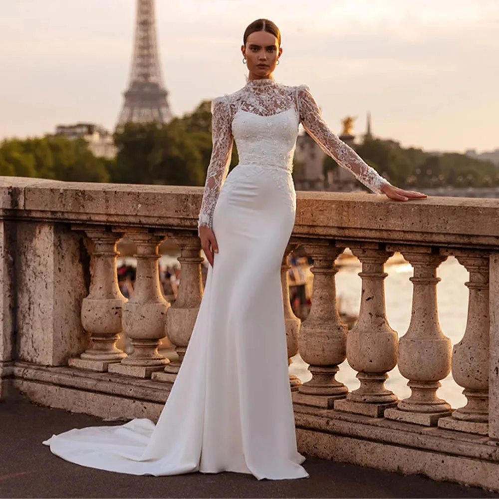 

2026 Rode De Morrie Satin Sheath/Mermaid Wedding Dress with Spaghetti Straps Long Sleeves Jacket Sweep Train Custom Made