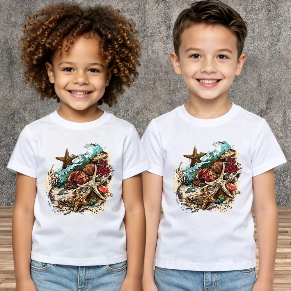 New Summer 2026 Boys Girls T-Shirt Beachcombing Colorful Marine Life Print Short Sleeve Children Casual Tees