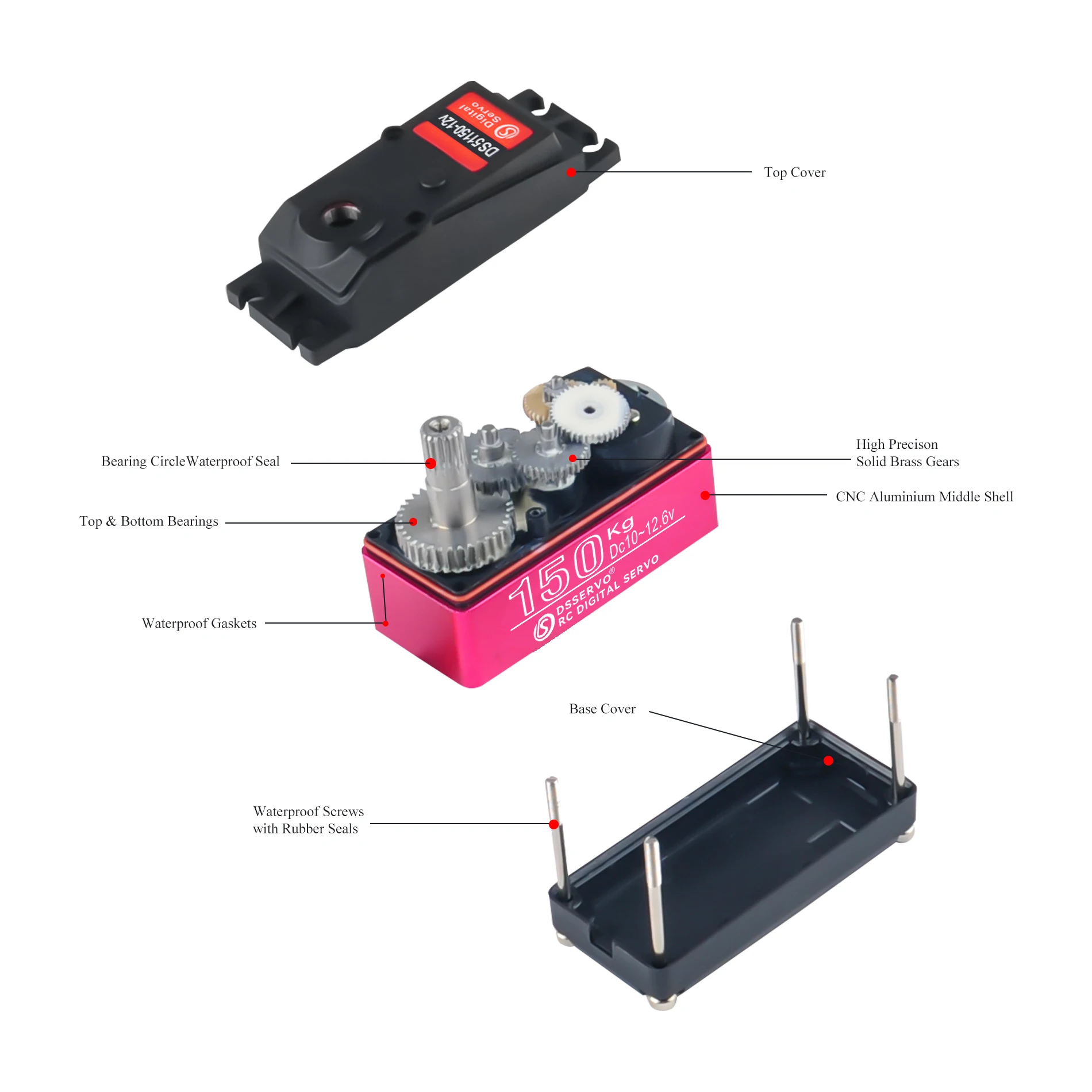DS51150 150kg High Torque Digital Servo 12V IP66 Waterproof Metal Gear 180/270 Degree for RC Robot Industrial Automation