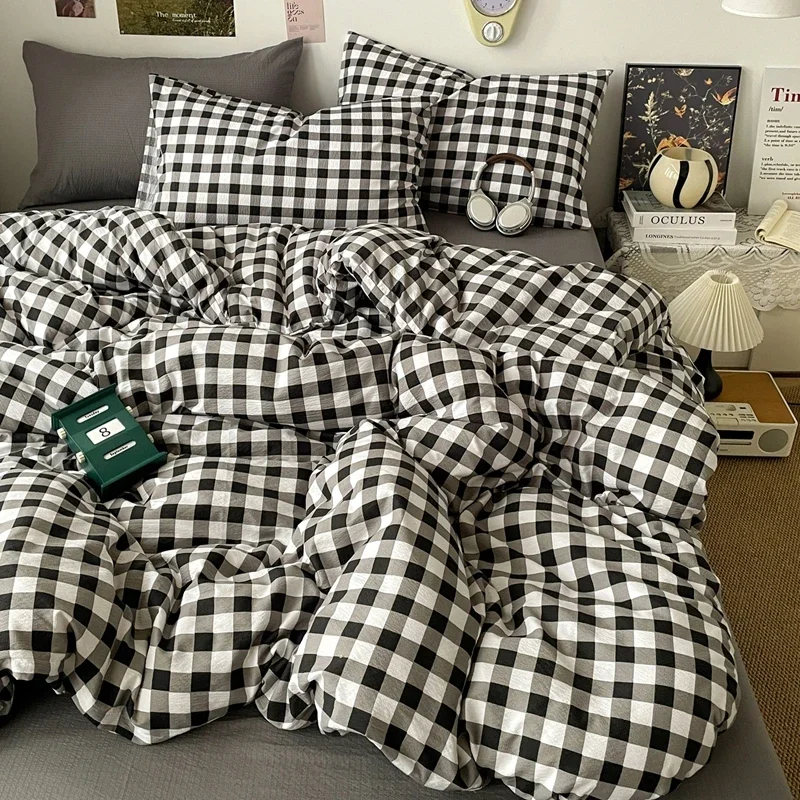 Classic Black White Plaid Bedding Set Soft Seersucker Duvet Cover Set Double-sided Checkered Quilt Cover for Single Double Bed