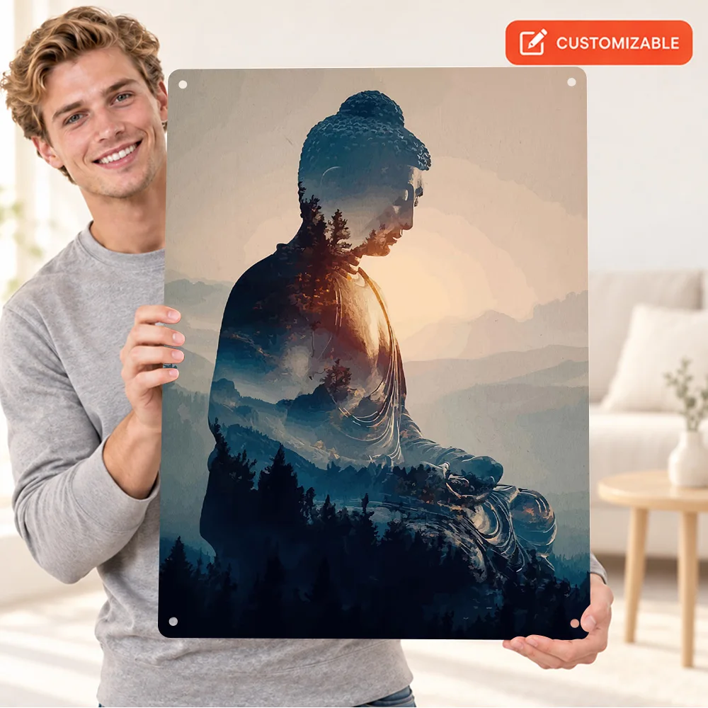 Double Exposure Buddha Mountain Landscape Printed Poster Meditative Wall Art For Yoga Studio Personalized Metal Sign Yogi Gift
