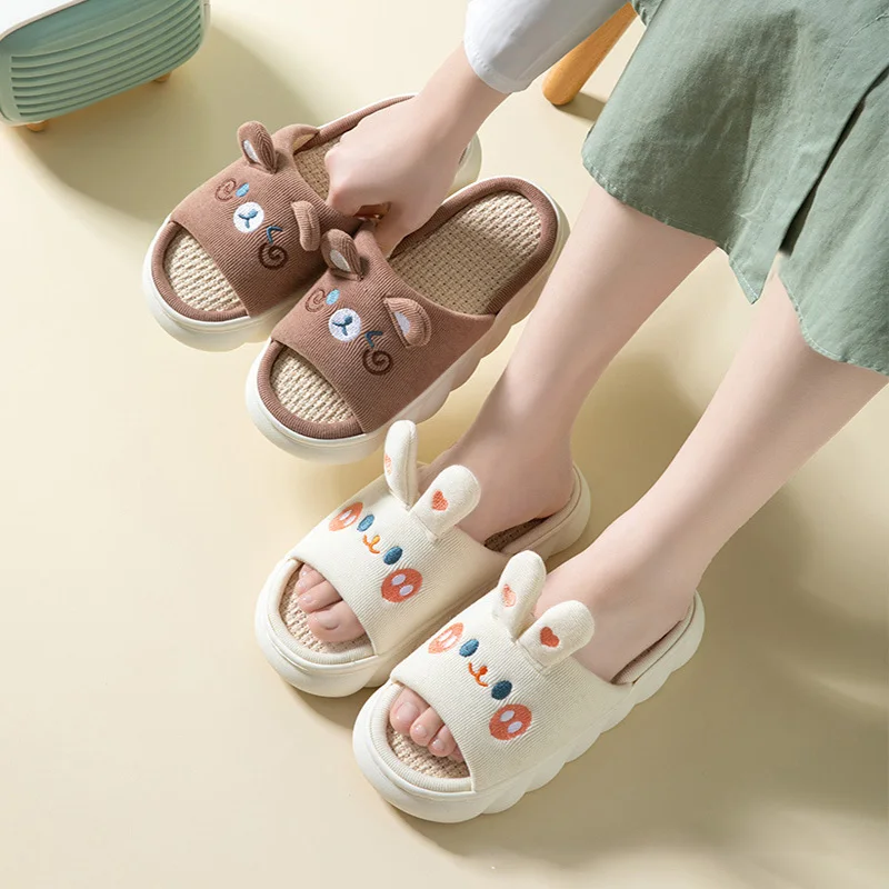 Thick Sole Cartoon Linen Slippers Female Cute Rabbit Anti-slip Sweat Home Comfy Sandals Four Seasons Family Cotton Slipper