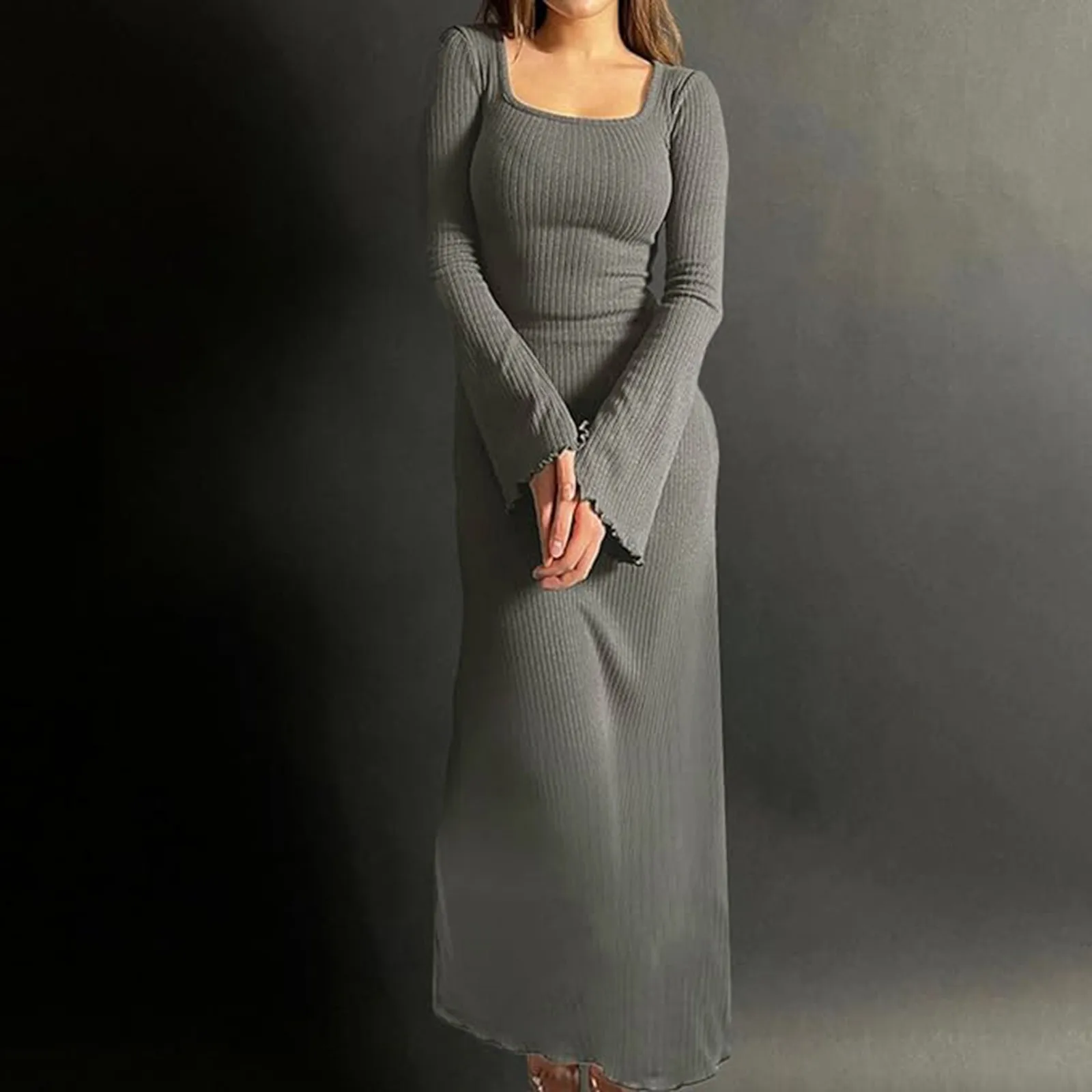 

Winter Women Long Sleeve Square Neck Slim Fit Dress Autumn Winter Solid Color Knitted Long Dress for Daily Street Dress Robe