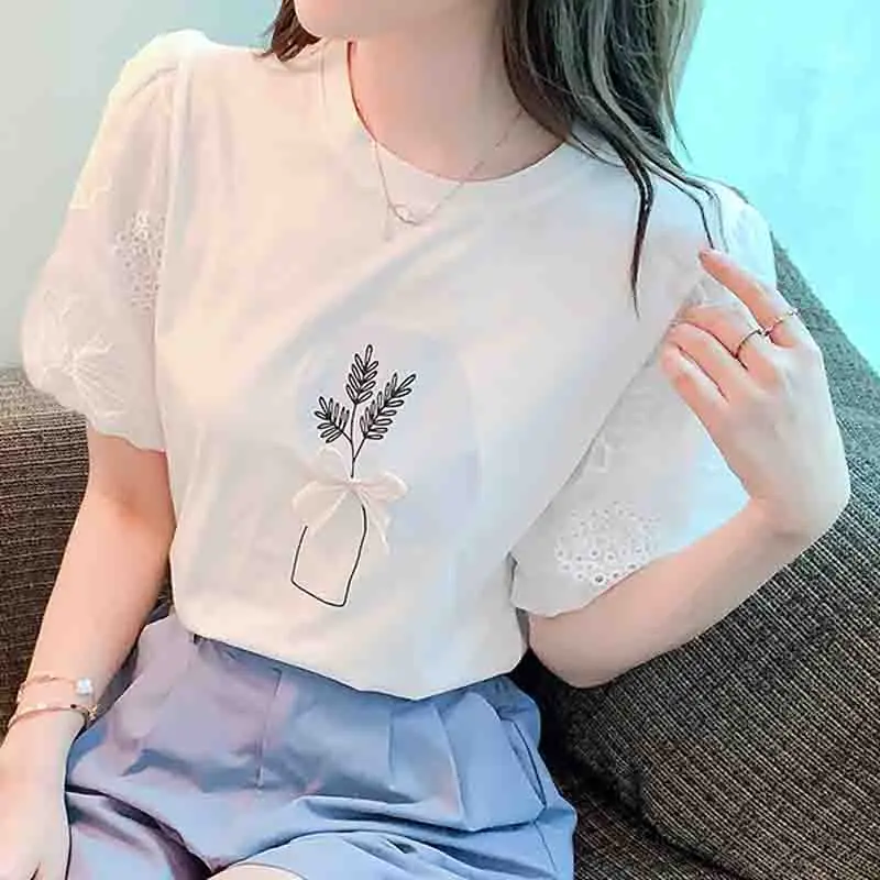 New Splicing Lace Short Sleeve Women\'s T-shirts Cotton Casual Summer White Women Tshirts Sweet Woman Tops Floral Clothes 8545