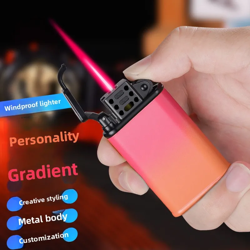 

2025 персонализированная градиентная надувная ветрозащитная зажигалка с красным пламенем, корпус из металлического сплава, уличная зажигалка, подарок, оптовая продажа