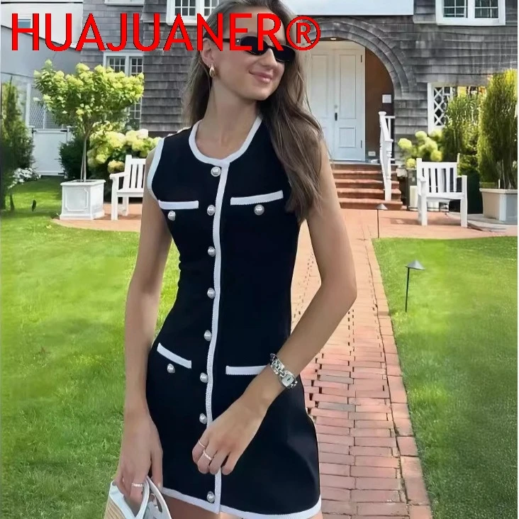 2026 Europäisches und Amerikanisches Elegantes und Sexy Strickkleid mit Perlenknöpfen und Ärmellosem Top, Kurzer Rock