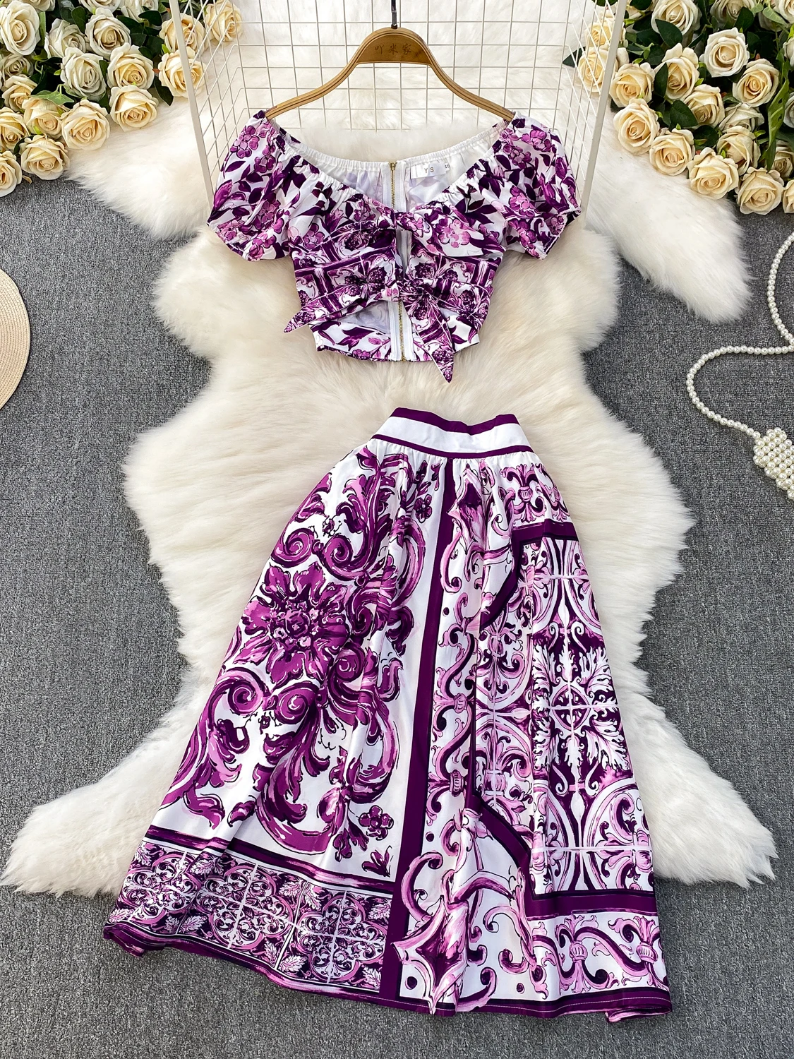 

Sexy Off Shoulder Blouse with Bow Tie and High Waist Floral Print Skirt Women Outfits Summer Beach 2 Piece Set