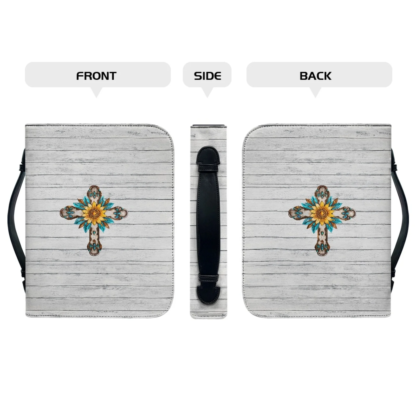 XIXIRIMIDO Sunflower Cross 2026 Collection PU Leather Bible Carrying Case, Protective Book Cover with Top Handle for Church