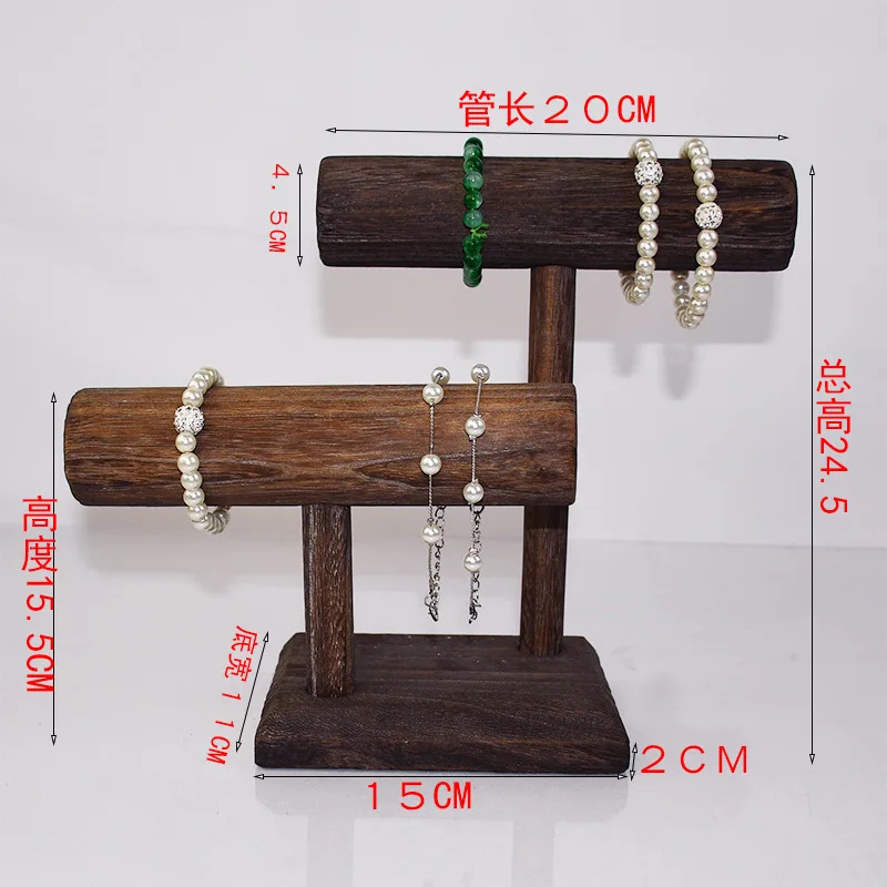 2-Tier Jewelry Organizer Stand, Wooden T-Bar Necklace Rack and Bracelet Holder Display for Selling, Bangle, Watch Tower, Rings