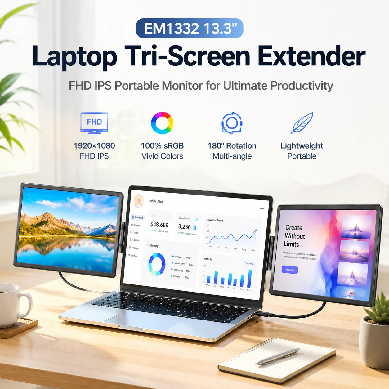 13.3inch Portable Monitor --- FHD Laptop Second Expansion Screen For Phone/Switch/Tablet,USB-C HDMI-Compatible,Rotatable Display