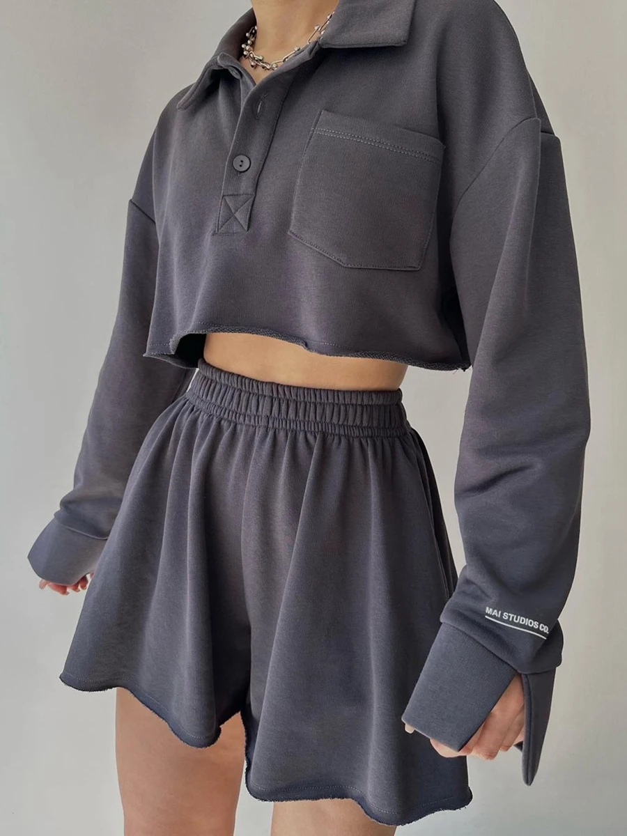 Women s 2 Piece Outfits Long Sleeve Turn-down Collar Button Down Crop Top Elastic Waist Shorts Set Casual Sweatsuit Sets