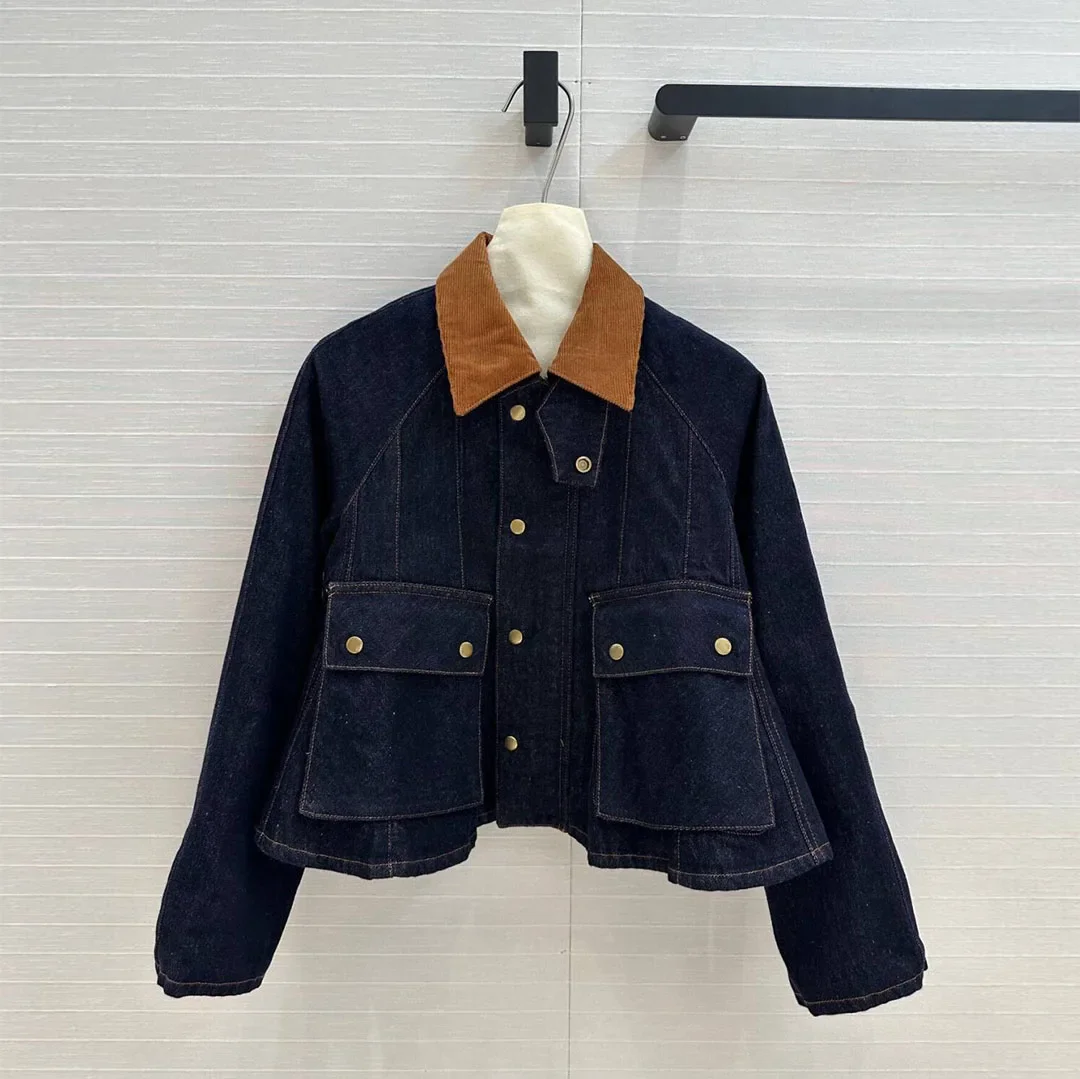 2024 New Autumn Fashion Corduroy Patchwork Lapel Long Sleeve Big Pockets Denim Jacket Women Loose Streetwear Coat