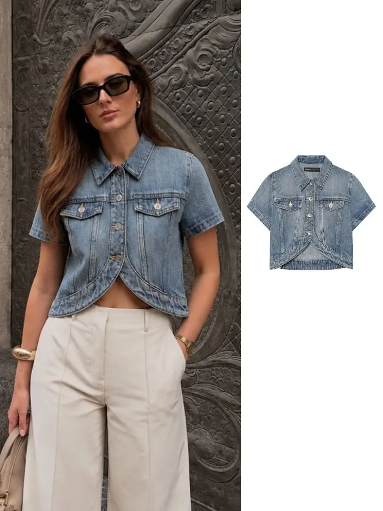 HH Women's Irregular Curved Hem Cropped Denim Jacket Summer Washed Lapel Collar Metal Buttons Casual Office Outerwear