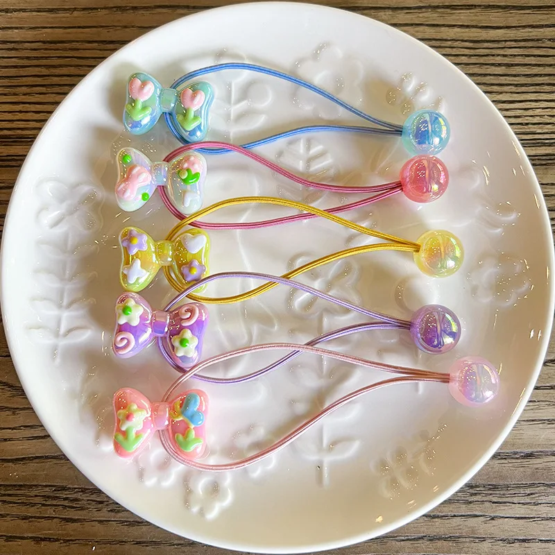 

Colorful Hand Painted Bow Hair Ropes Korean Style Hexagon Jelly High Elasticity Ponytail Holders for Girls Children