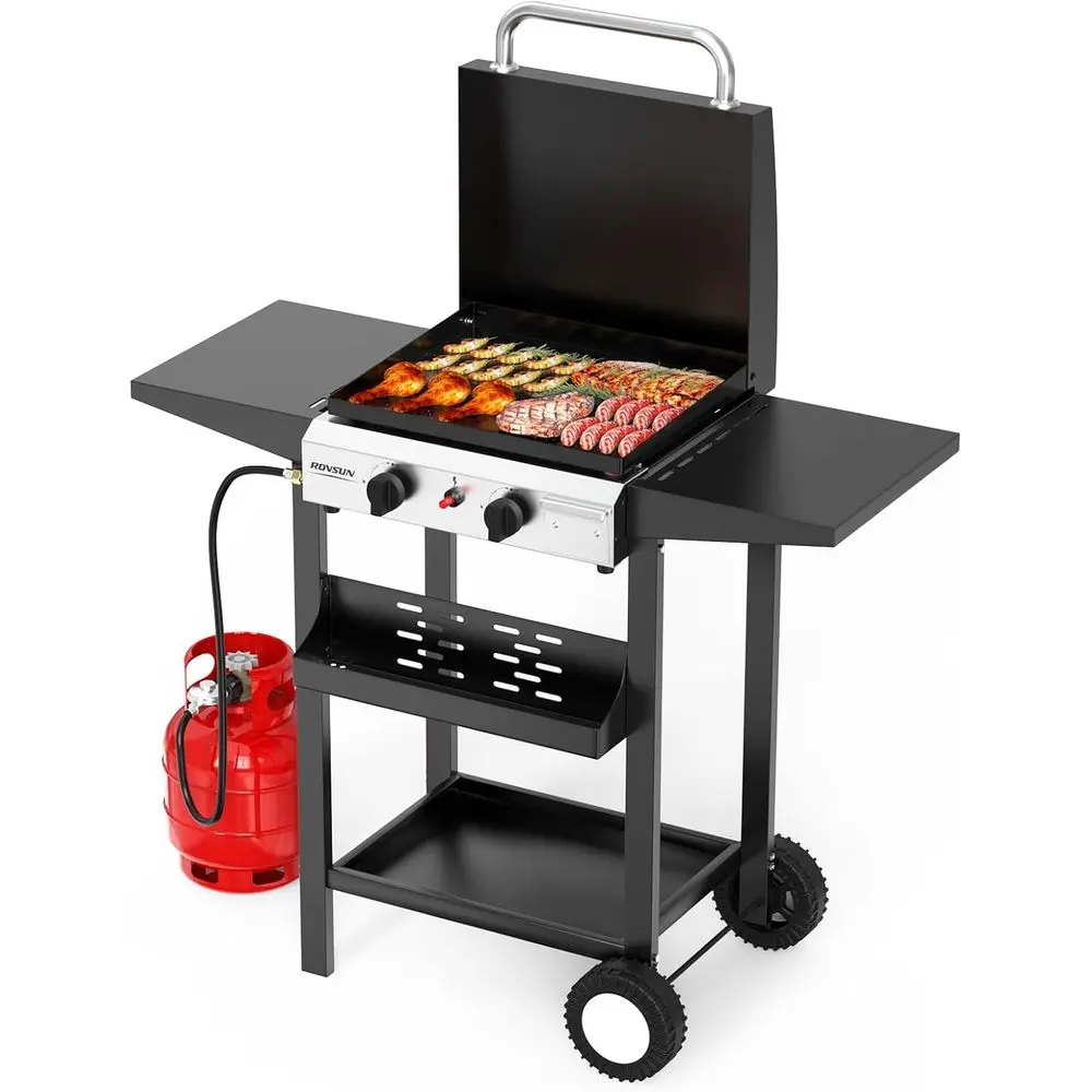 

Portable Propane Griddle with Enamel Tray and Lid, 20,000 BTU Flat Top Gas Grill for Outdoor Cooking, Camping, BBQ, and Tailgati