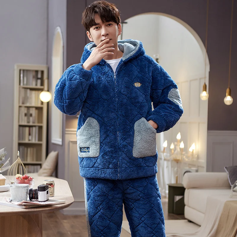 Newest L-3XL Winter Pyjamas Men Long Sleeve Flannel Sleepwear Coral Fleece Thicken Nightwear Hooded Loungewear 2 Pieces Sets