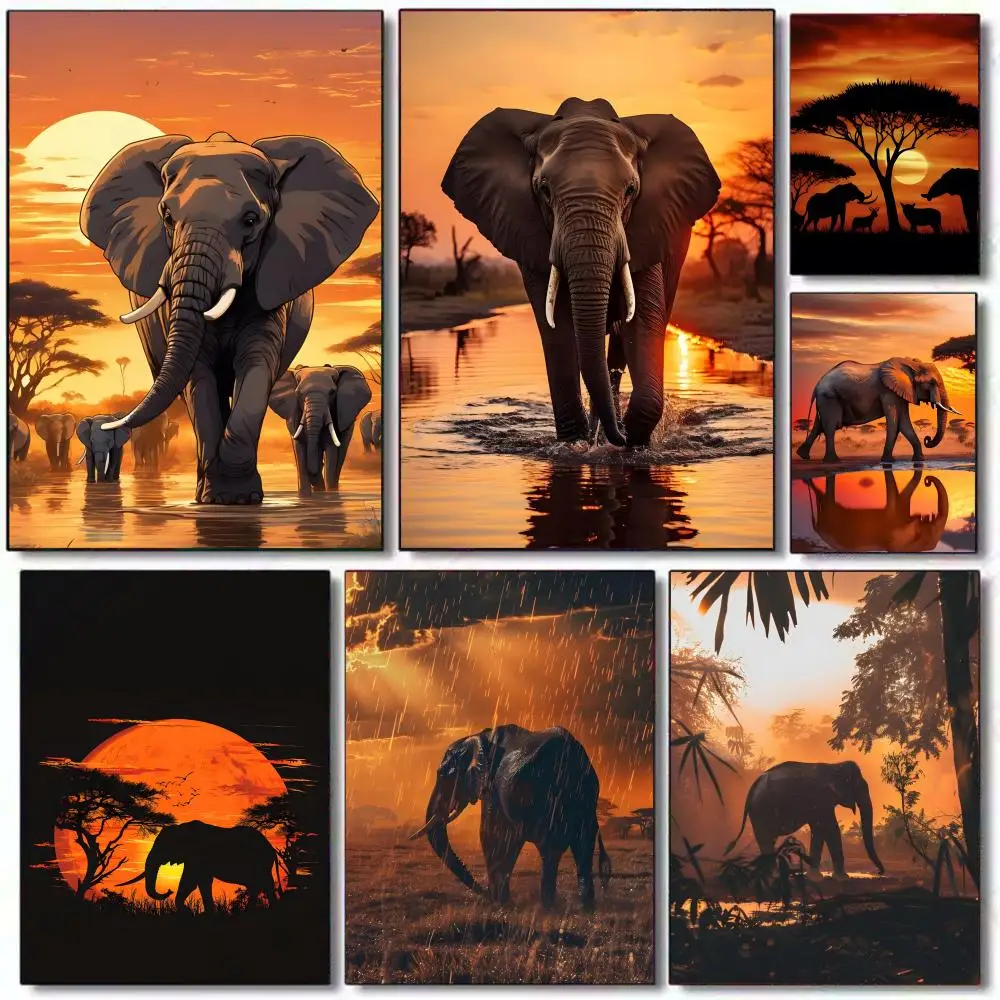 Poster HD PVC selbstklebende Wandkunst – wasserdicht, wiederverwendbar, für Zuhause, Büro, Café, Vintage-Elefanten, Sonnenuntergang, wilde Tierkunst