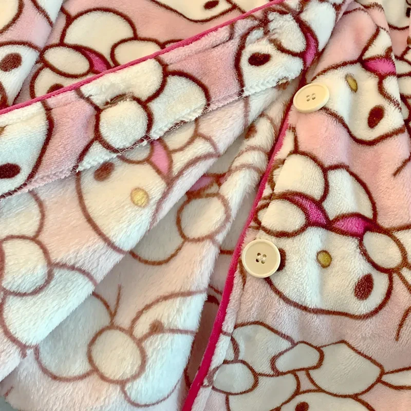 Winter Women's Hello Kitty Pajama Set Cartoon Flannel Pajamas Thickened Fluffy Plush Warm Comfortable Loose High Quality