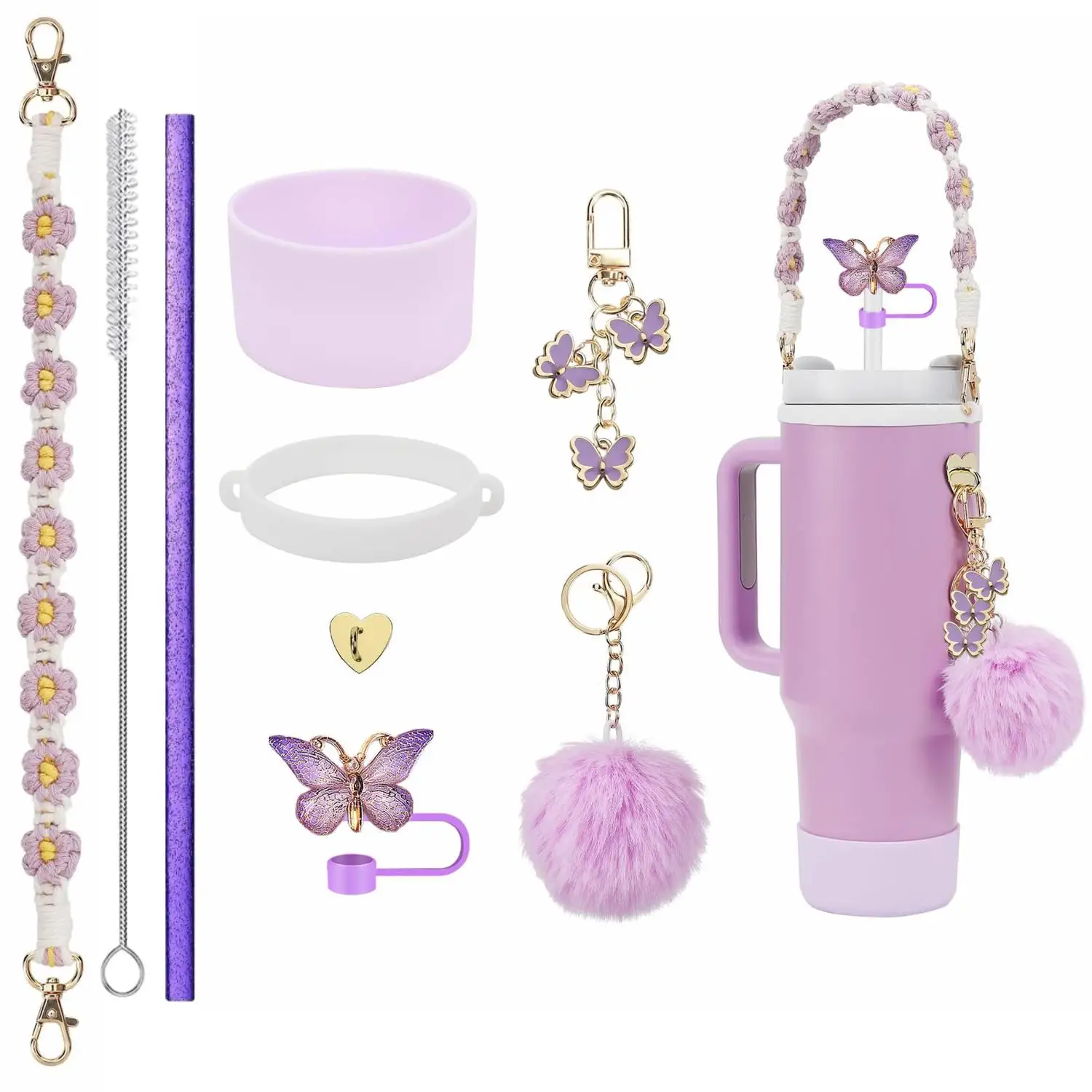 For Stanley Accessory Set - Resin Sleeve with Butterfly Pendant Straw Topper Keychain And Brush Flower Chain Ornaments for Tumbl