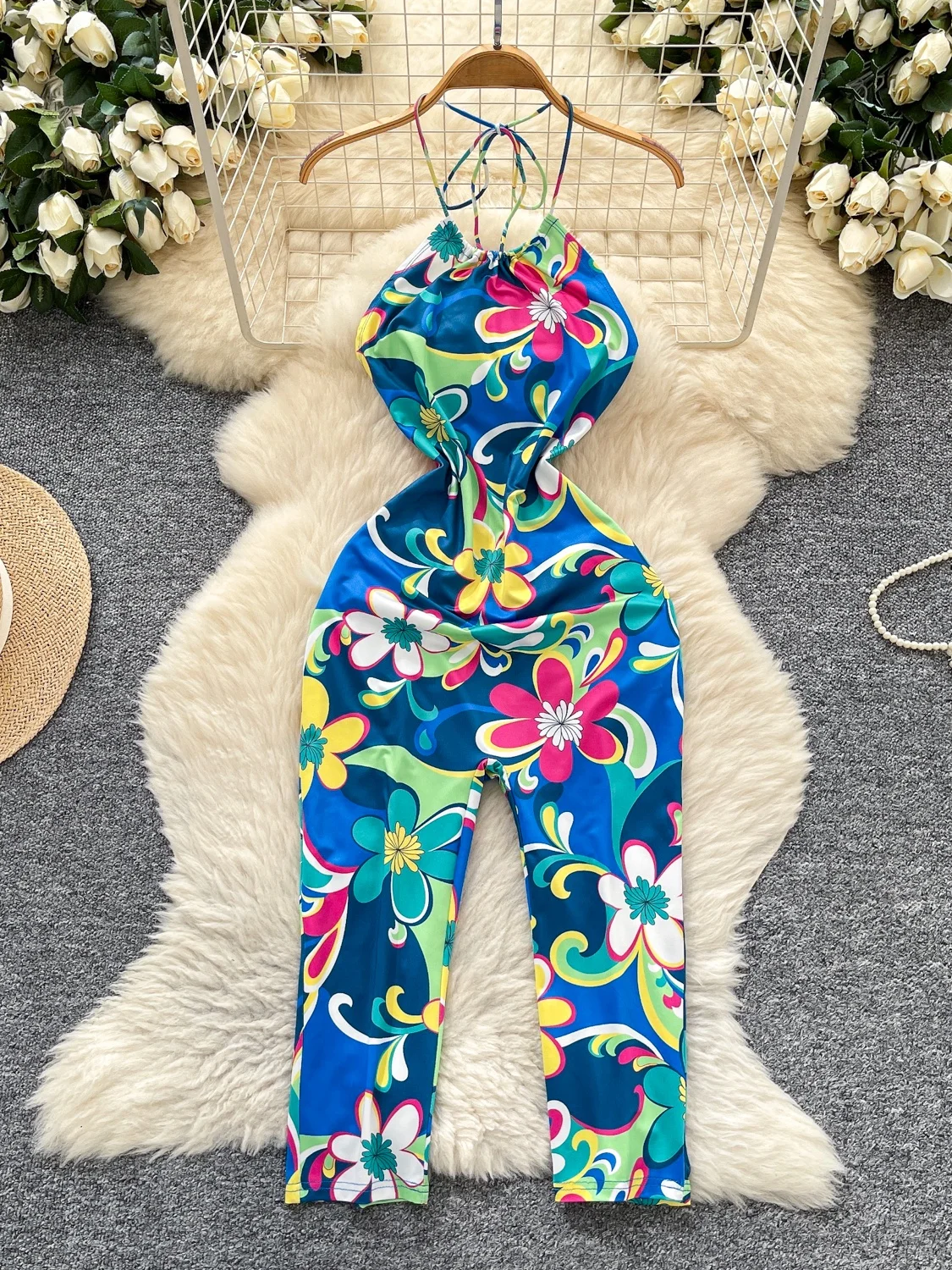

Summer Vaion Sexy Print Slim Fit One-Piece Pants Women's High Waist Straight Leg Seven/Nine Pants Length Polyester Fiber