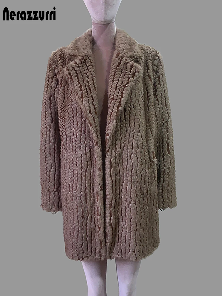 Nerazzurri Autumn Winter Elegant Thick Warm Faux Fur Blazer Coat Women with Back Slit Luxury Designer Chic Fluffy Jacket Clothes