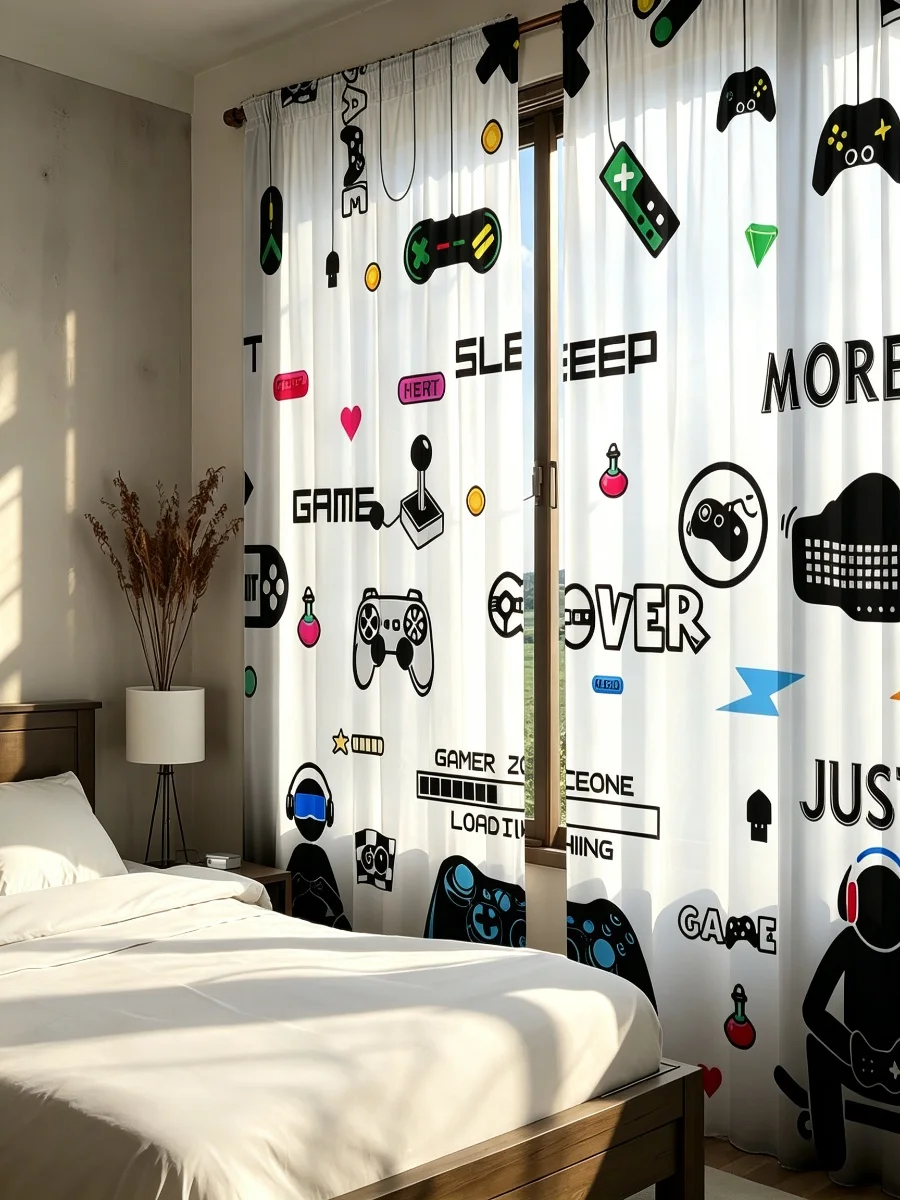 2PCS Video Game Elements Print Curtains, Black White Gamepad Headset Silhouette Pattern Window Drapes for Gamer Room Decor