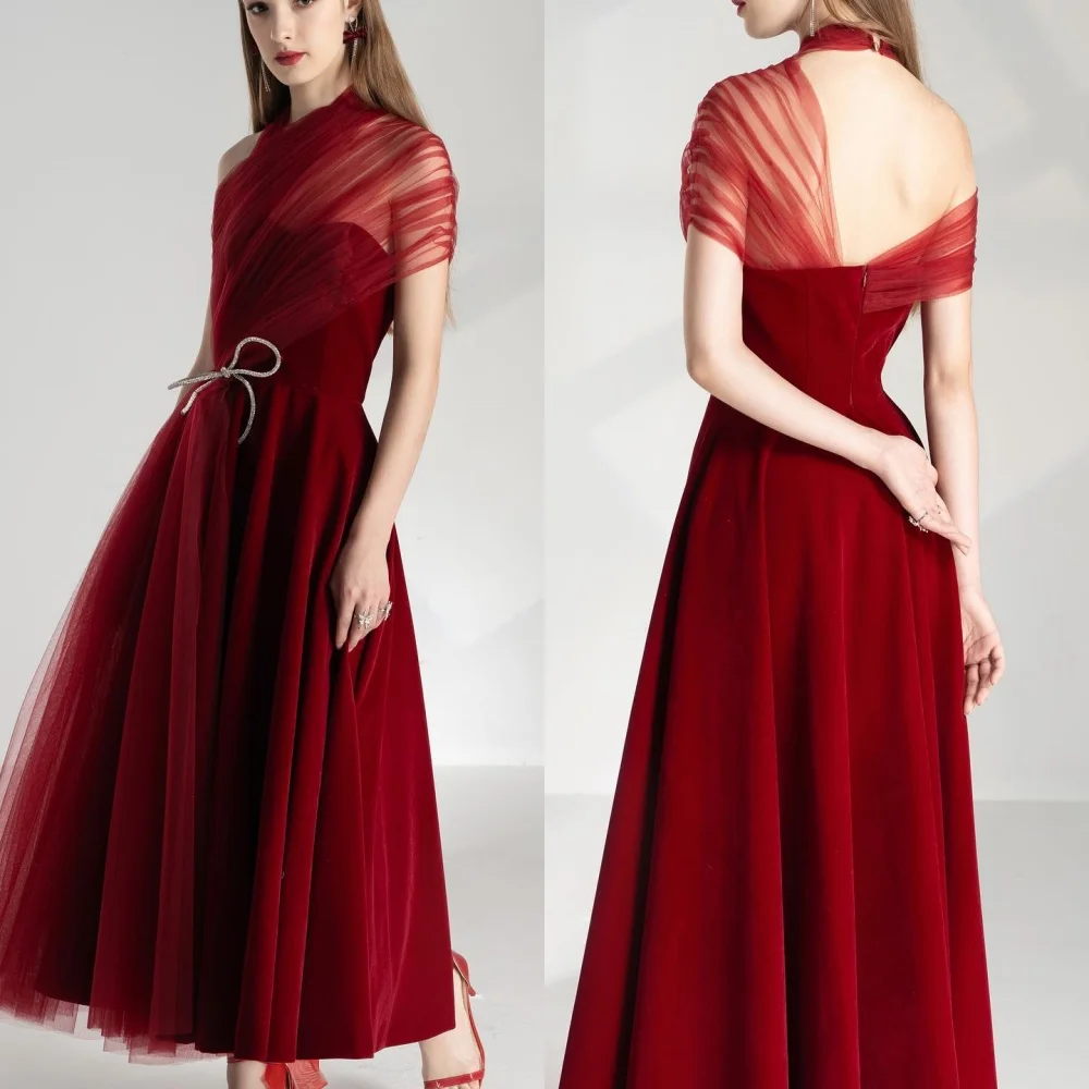 Tule plissado Ruched Bow Dresses, A-Line High Collar Midi Dress, Combinando Formal Prom Dresses, Moda Elegante Clássica Tamanhos Disponíveis