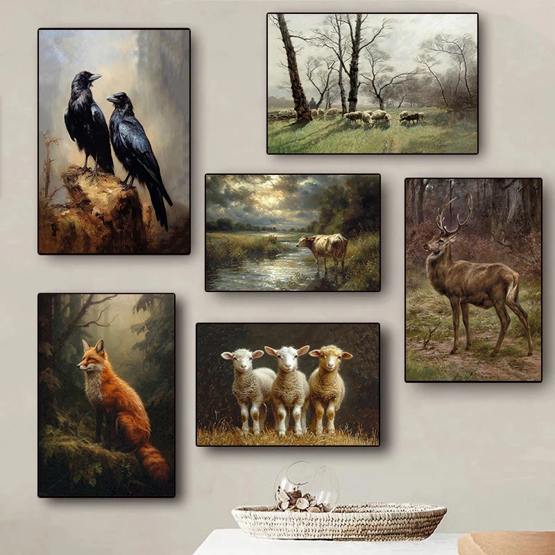 Vintage Country Farmhouse Art Shepherd Elk Hare Lamb Wildlife Poster Canvas Paintings Wall Art Pictures Home Decor