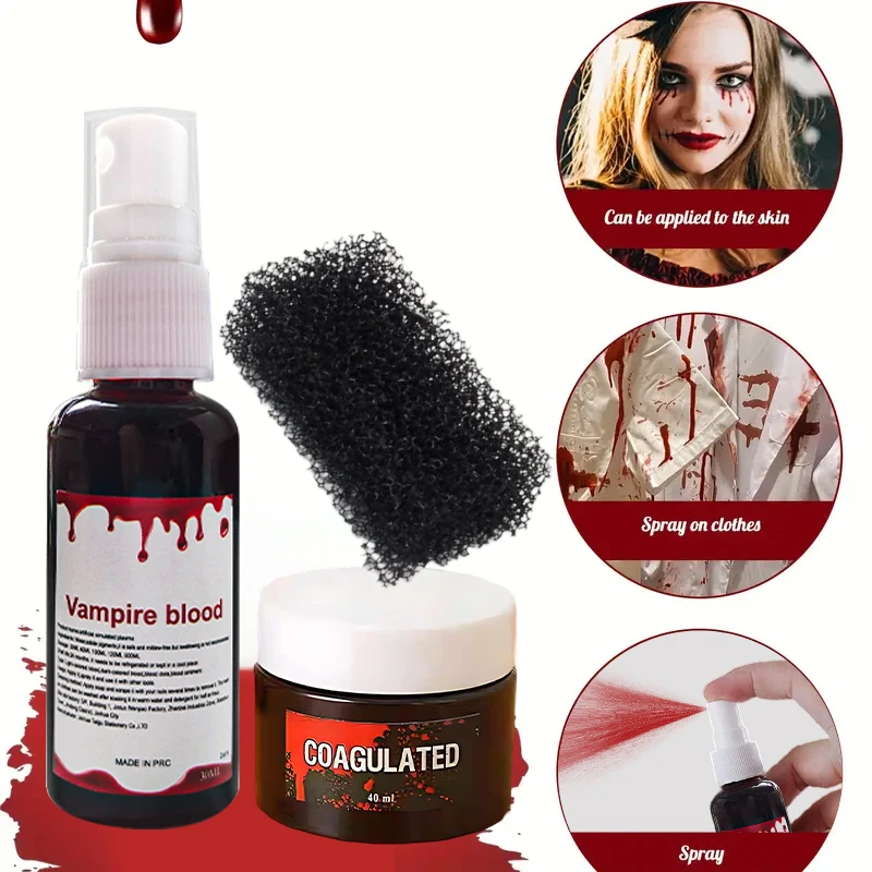 Kit de Maquillaje de Sangre Falsa para Halloween, 3 Piezas: Spray de Sangre de Vampiro + Gel Coagulado + Esponja para Disfraces de Zombis y Maquillaje SFX