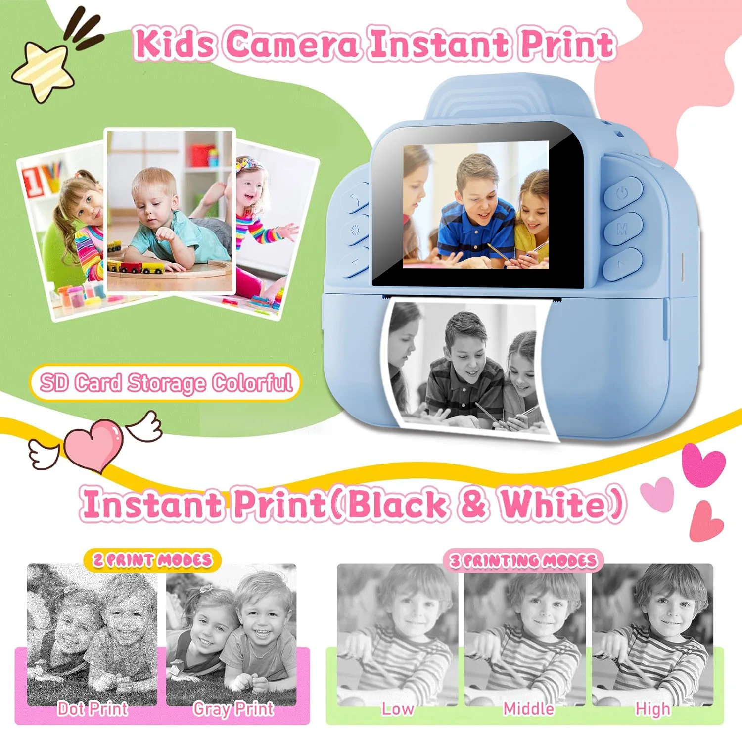 Foto portatile per bambini, fotocamera di stampa, videocamera digitale ad alta definizione regalo per ragazzi e ragazze, fotocamera giocattolo, supporto per memoria TF