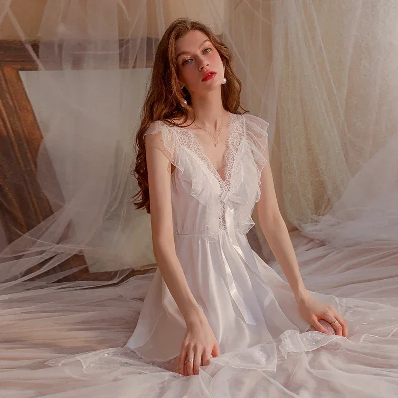 مثير المرأة زلة فستان النوم الدانتيل الشفاف العميق الخامس المنخفضة قطع جوفاء منامة الساتان ملابس منزلية غير رسمية فستان النوم الملابس الداخلية