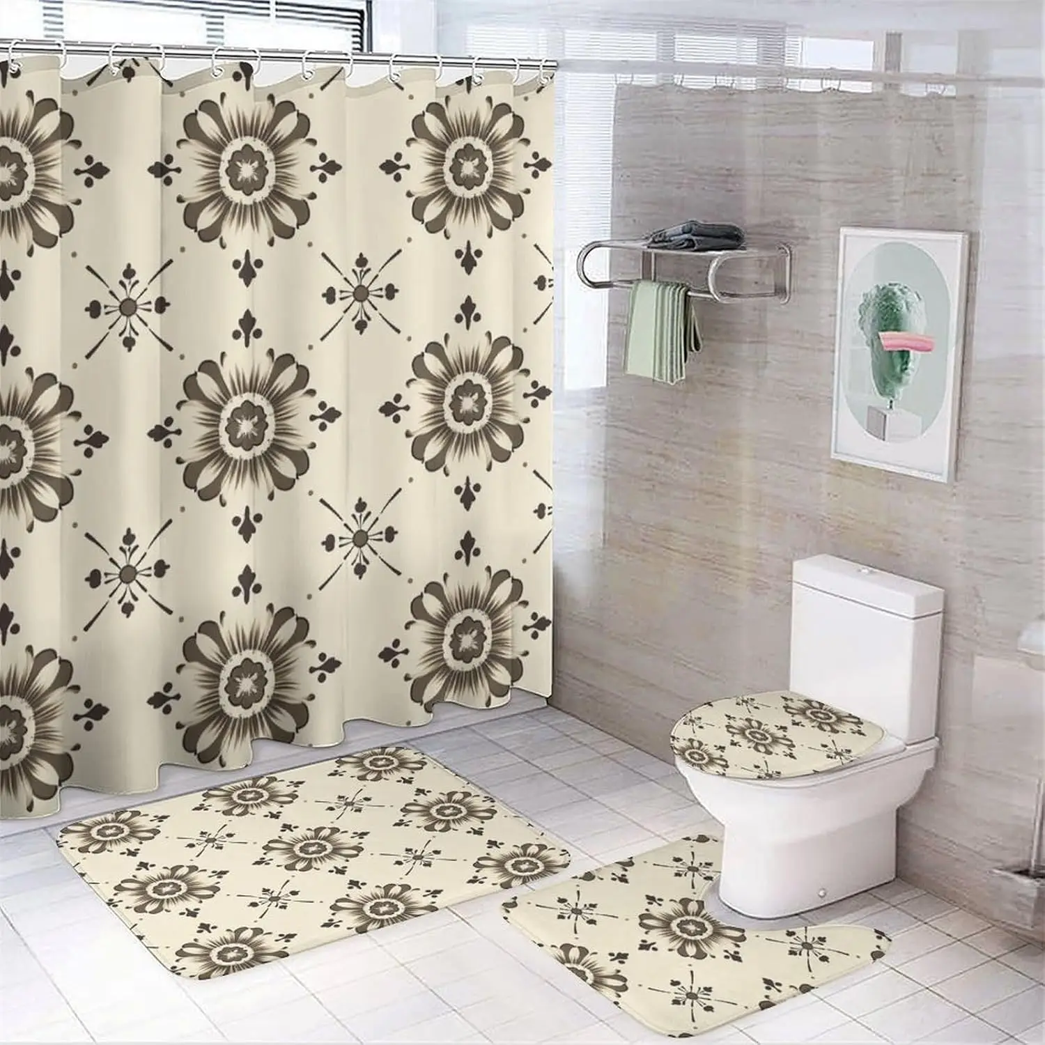 

Наборы для ванной комнаты с занавеской для душа и ковриками, бежевый абстрактный узор с принтом на занавеске для душа и набором ковриков для ванной комнаты, идеально подходит для