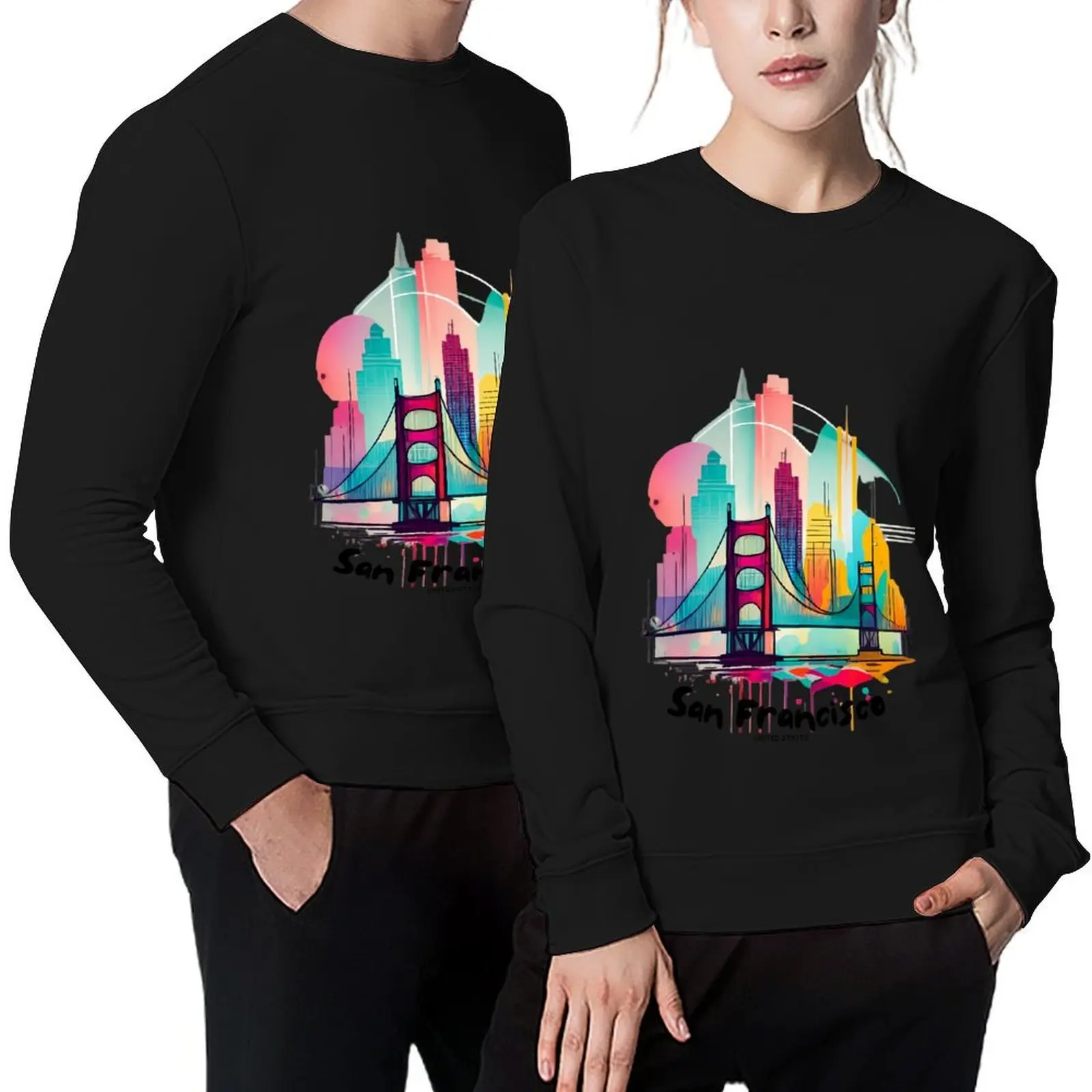 Watercolor Colorful Graffiti Art The Golden Gate Bridge San Francisco Pullover male clothes anime clothing oversize sweatshirt