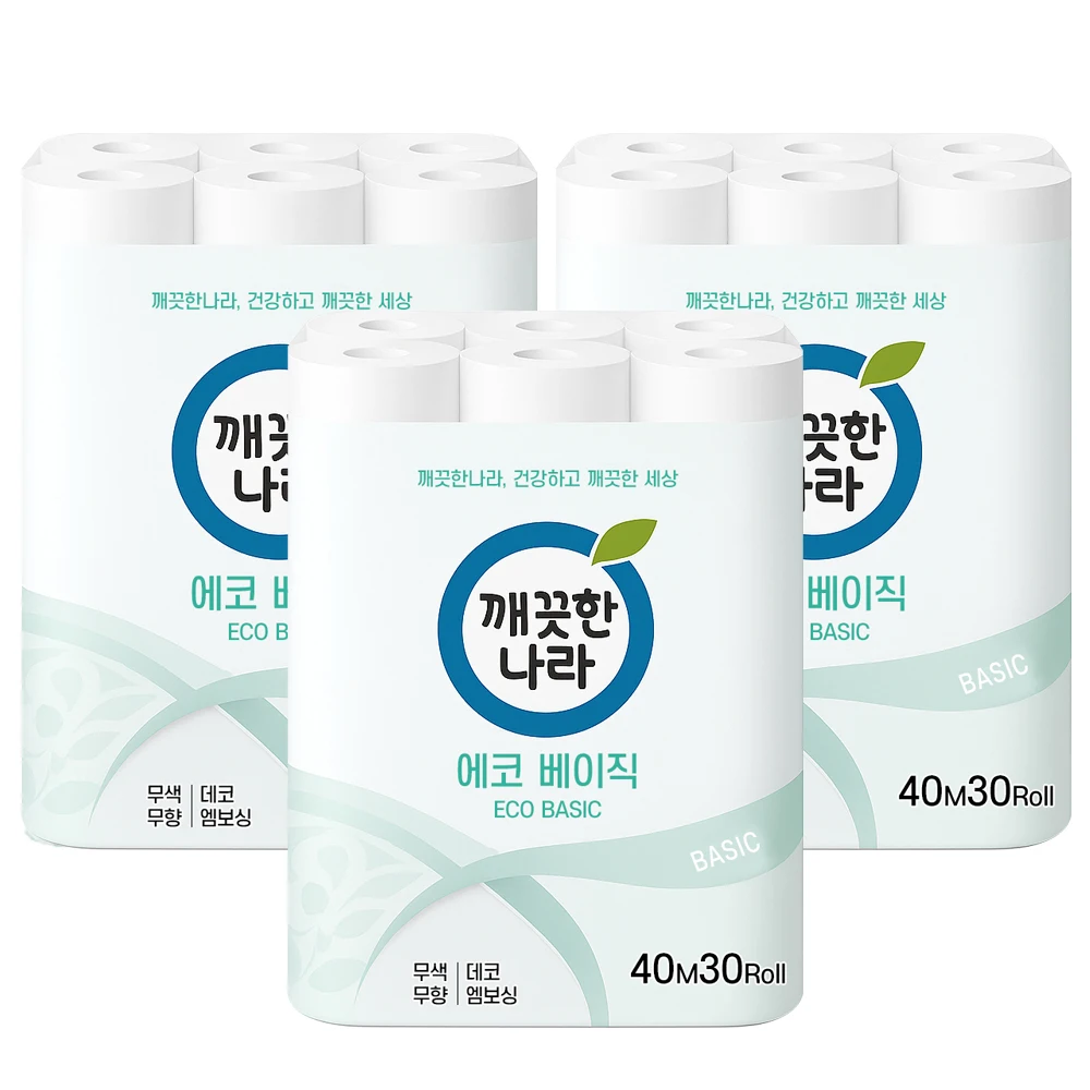 깨끗한나라 에코 베이직 엠보싱 40m 30롤x3팩 총90롤 화장지