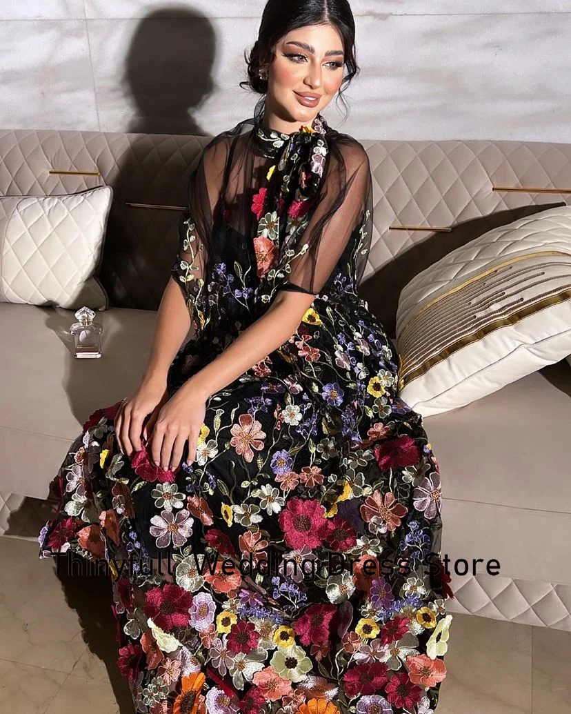 Thinyfull 3D Floral Embroidery Black Evening Party Dresses Short Sleeves Saudi Arabia Wedding Prom Gowns Vestidos De Noche