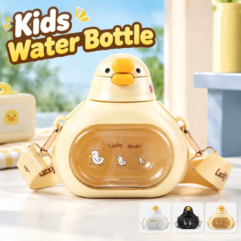 Summer New Cute Goose Kids Straw Cup Portable Crossbody Pop Lid Sports Duck Sipping Water Bottle Children Drinking Vessel Gadget