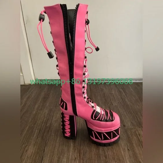 

Lady neon pink platform lace-up knee boots side zip Y2K design chunky heel boots colorful pink boots footwear size 35-46