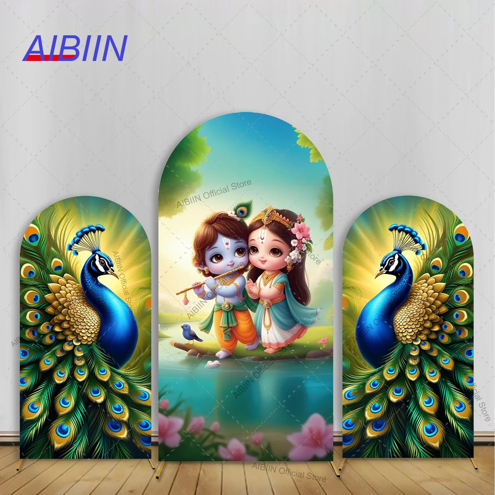 Fondo de arco para Baby Shower, cubierta de hindúismo, Krishna y Radha, decoración de fiesta de cumpleaños de pavo real, gêmeos, género, revela fondo fotográfico
