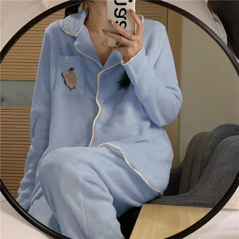 Autumn Winter Coral Fleece Pajamas Sets For Women 2 Piece Set Thick Warm Pyjamas Flannel Long Sleeve Female Homewear