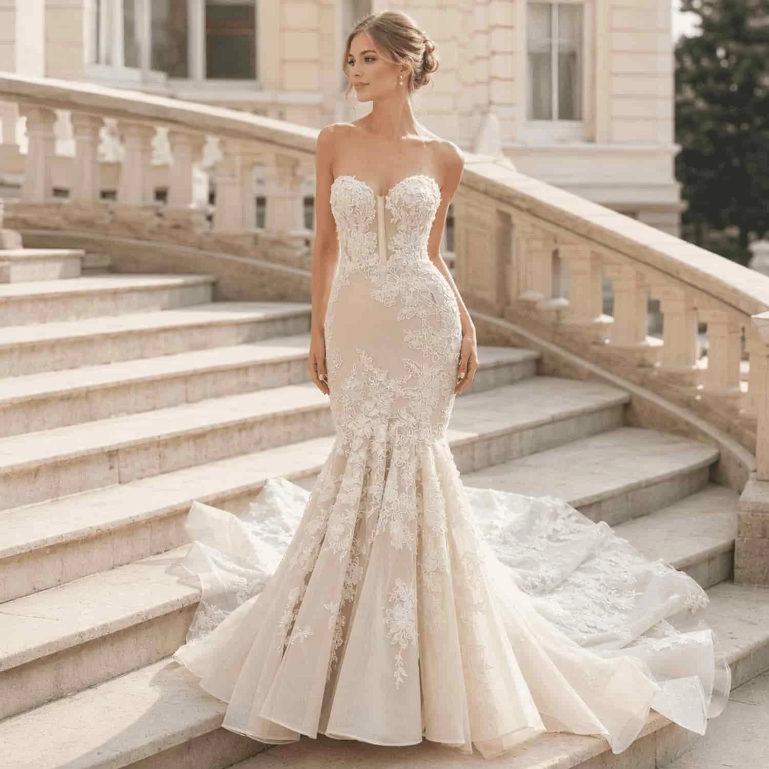 Strapless Sweetheart Trumpet Wedding Dress Organza Skirt Lace Applique Chapel Train