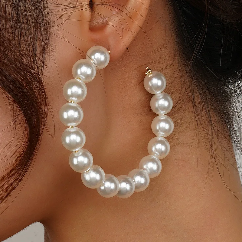 Women Classic Stainless Steel Elegant White Big Circle Pearls Earrings Fashion Jewelry Gift Accessories Valentine's Day