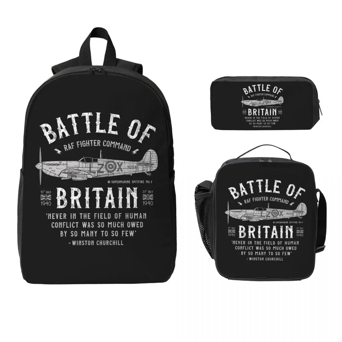 Battle Of Britain Spitfire Backpack Boys Girls BookBag School Bag Computer Shoulder Bags 3ps Insulated Lunch Bag Pencil Case
