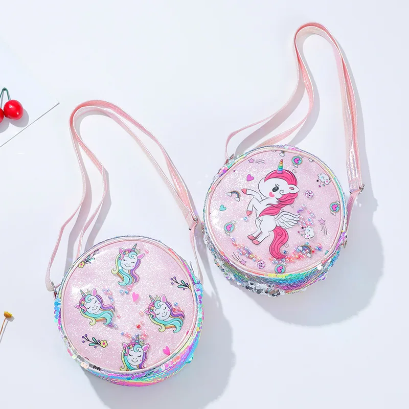New Glitter Rainbow Sparkle Unicorn Crossbody Bag Children Girls Students Cartoon Single Shoulder Bag Shiny Sequins Satchel