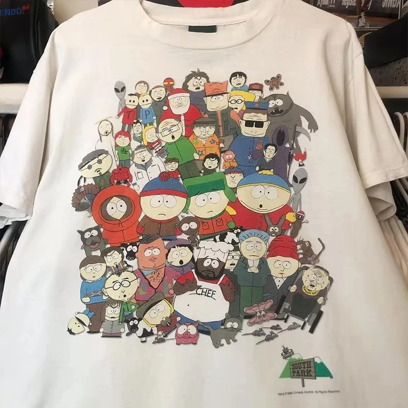 Men's Retro South Park Cartoon Printed T-Shirt Short Sleeve American Brand Tide Cartoon Design Men's Fashion Retro Tee