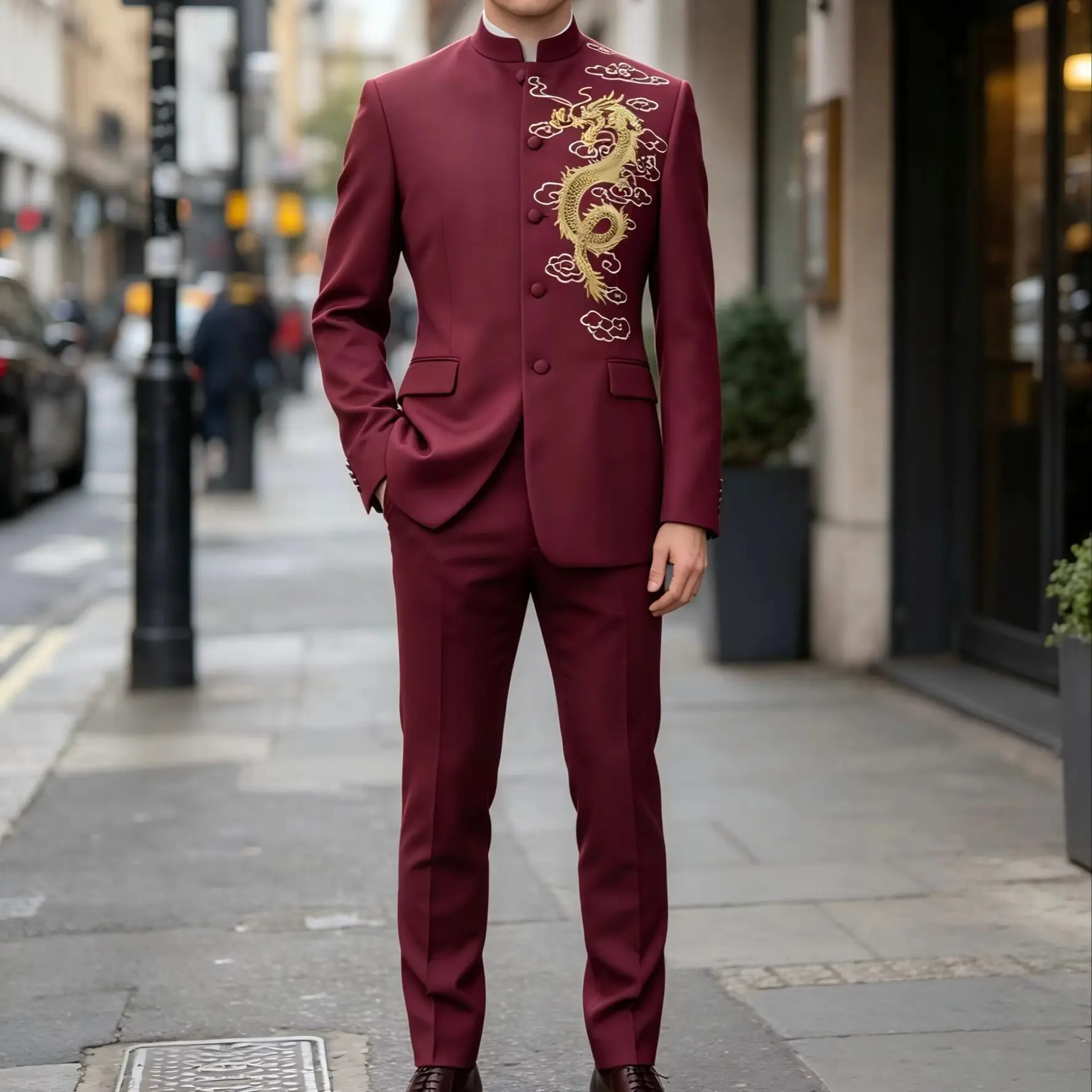 Men Chinese Zhongshan Suit 2 Piece Set Red Embroidered Custom Color Formal Outfit for Groom Host Wedding Stage Party Performance